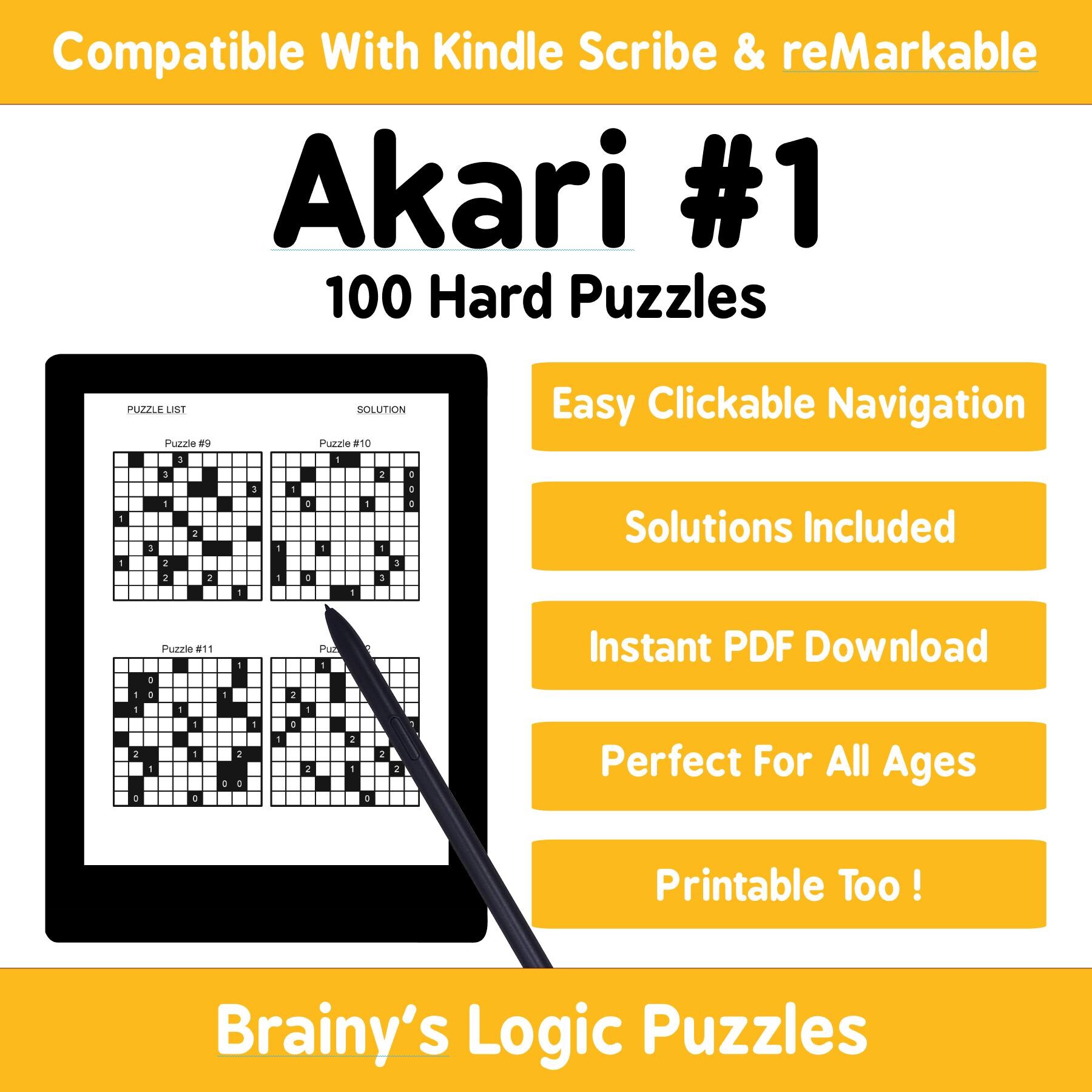 100 Hard Akari Puzzles: Interactive Puzzle Book for Kindle Scribe & reMarkable (Digital Download)