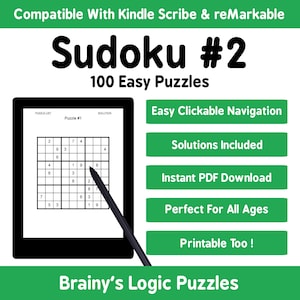 100 Easy Sudoku Puzzles #2 For Kindle Scribe and reMarkable Interactive Hyperlink PDF Puzzle Book With Solutions Digital Download Printable