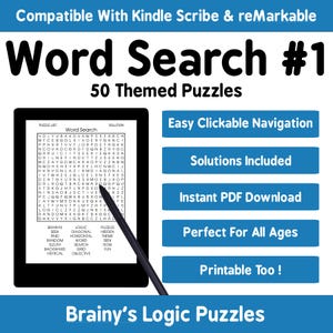 50 Themed Word Search Puzzles For Kindle Scribe and reMarkable Interactive Hyperlink PDF Puzzle Book With Solutions Digital Download