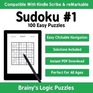 100 Easy Sudoku Puzzles For Kindle Scribe and reMarkable Interactive Hyperlink PDF Puzzle Book With Solutions Digital Download Printable Too