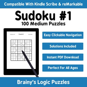 100 Medium Sudoku Puzzles For Kindle Scribe and reMarkable Interactive Hyperlink PDF Puzzle Book With Solutions Digital Download Printable
