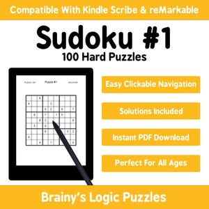 100 Hard Sudoku Puzzles For Kindle Scribe and reMarkable Interactive Hyperlink PDF Puzzle Book With Solutions Digital Download Printable Too