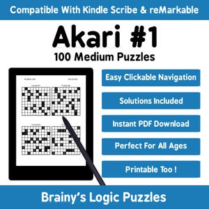 100 Medium Akari 10x10 Puzzles For Kindle Scribe and reMarkable Interactive Hyperlink PDF Puzzle Book With Solutions Digital Download Print