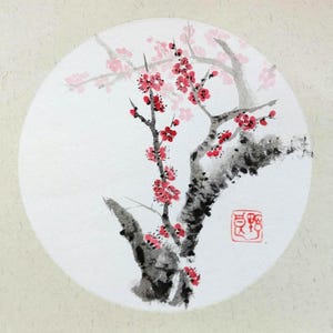Plum blossom original Chinese or Japanese style ink and watercolour painting on cardboard, great for gift or any occasion