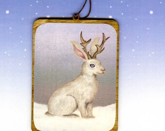 The Snowy Jackalope of Wyoming Birch Wood Ornament