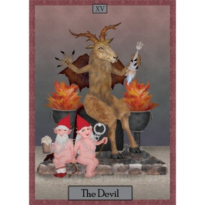 May include: The Devil tarot card depicts a goat-like figure with horns and wings, sitting on a throne with two small figures chained to it. The scene is set against a backdrop of flames and a dark grey sky. The card number XV is visible in the top left corner.