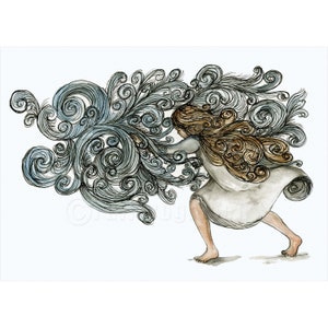 May include: A watercolor illustration of a person with long, flowing brown hair, wearing a white dress, and holding a large, swirling blue and black cloud in their hands.