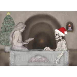 May include: A woman in a white robe sits on a stone tomb reading a book. A skeleton wearing a Santa hat sits in the tomb with her. A Christmas tree is in the background.