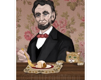 Mini impresión de Abraham Lincoln con pastel de almendras y gato