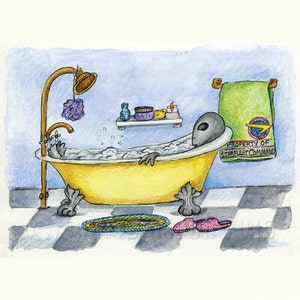 May include: A gray alien taking a bath in a yellow bathtub with bubbles. The alien is wearing a towel that says "Property of Starfleet Command".