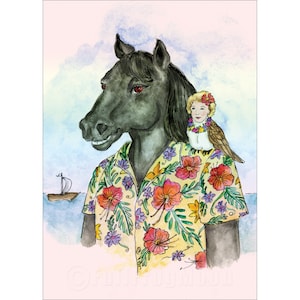 May include: A watercolor painting of a black horse wearing a yellow, green, and purple floral shirt. A small, blonde woman with a flower crown sits on the horse's shoulder.
