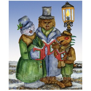 May include: A watercolor painting of three anthropomorphic characters singing carols. A white polar bear wearing a green coat and a blue hat, a brown yeti wearing a blue coat and a top hat, and a green dinosaur wearing a brown coat and a cap, all holding open books.