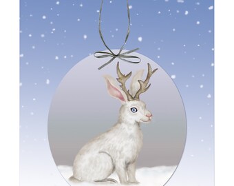 Snowy Jackalope of Wyoming Paper Ornament