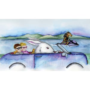 May include: A white rabbit drives a blue convertible with two people in the front seat. A horse on a jet ski is in the background.
