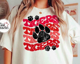 T-shirt Tigres rétro, T-shirt mascotte patte de tigre Comfort Colors® Retro, T-shirt le jour du match Groovy School Tigers, Équipe de football universitaire, Tigers Cheer