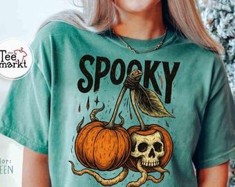 Koszulka Comfort Colors® Spooky Season Pumpkin Skull Cherry, koszulka z grafiką Witchy Halloween, koszulka vintage Spooky Skeleton, koszulka Horror Fun