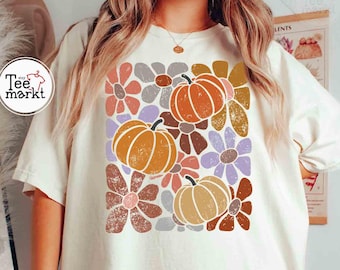 Comfort Colors® Boho Fall Flowers Pumpkins Shirt, Floral Pumpkin Autumn Season Shirt, Aesthetic Fall Graphic Tee, Vintage Floral Pumpkin Tee