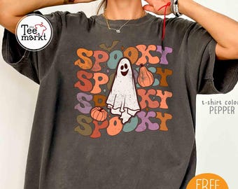 Comfort Colors® Halloween Spooky Pumpkin Shirt, Boho Ghost Pumpkins Tee, Spooky Season Shirt, Retro Halloween Spooky T-shirt, Fall Vibes Tee