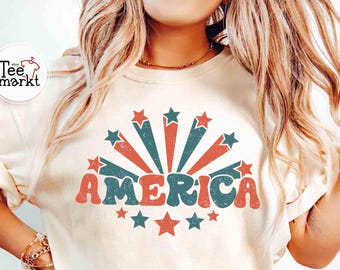 Retro America Shirt Comfort Colors® Vintage 4th Of July Shirt, Stars and Stripes Shirt, USA Flag Shirt, Patriotic Groovy America Tee Shirts