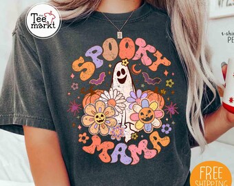 Comfort Colors®  Spooky Mama Shirt, Cute Ghost Halloween Shirt, Spooky Mama Floral Pumpkin Shirt, Mom Halloween Retro T-shirt, Fall Mom Tee
