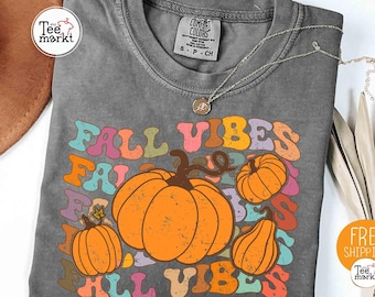 Comfort Colors® Fall Vibes Pumpkin Shirt, Retro Fall Pumpkin T-shirt, Thanksgiving Shirt, Women's Fall Vibes Pumpkin Shirt, Cute Fall TShirt