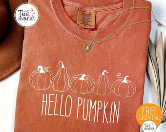 Hello Pumpkin Shirt Comfort Colors® Fall T-shirt, Thanksgiving Shirt, Girly Autumn Tee, Minimalist Fall Shirt for Women, Hello Fall T-shirt
