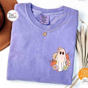 Camiseta de fantasma floral con bolsillo Comfort Colors®, camiseta de fantasma de Halloween, camiseta de flores de Halloween, camiseta de fantasma adorable, camiseta de temporada espeluznante para niños