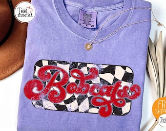 Comfort Colors® Bobcats Checkered Mascot Shirt, Retro Bobcats Game Day T-shirt, Back to School Spirit Bobcats Team Shirt, Bobcats Mama Shirt