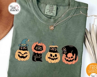 Comfort Colors® Black Cats Pumpkins Shirt, Cute Pumpkin Cat Tee, Spooky Cat Graphic T-Shirt, Fall Season Cat Shirt, Witchy Cat Aesthetic Tee