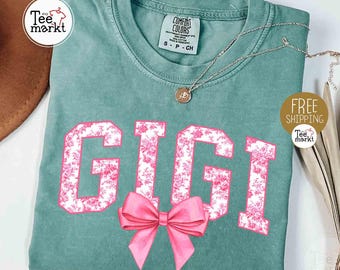 Pink Toile Bow Gigi Shirt, Comfort Colors® Grandma Shirt, Nana T-shirt, Birthday Gift for Grandma, Coquette Bow Gigi Tee, Cute Mother Shirts