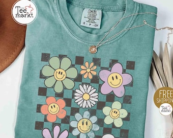 Comfort Colors® Retro Flowers Shirt, Aesthetic T-Shirt, Kids Happy Floral Tee, Cute Shirts, Adorable Women T-shirts, Preppy Summer Shirt