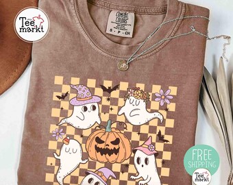 Checkered Ghosts Shirt, Comfort Colors® Halloween T-shirt, Halloween Gift, Halloween Girls Tee, Spooky Season Shirts, Girly Fall Shirts