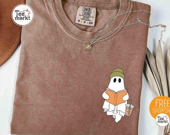 Comfort Colors® Ghost Book Coffee Shirt, Cute Ghost Reading Book and Coffee Shirt, Book Lover Spooky Season Shirt, Bookworm Shirt For Women