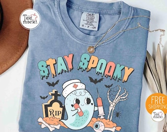 Comfort Colors® Stay Spooky Nurse Shirt, Spooky Season Gothic Nurse T-shirt, Horror Halloween Party Shirt for Nurse, Cute Nurse Costume Tee