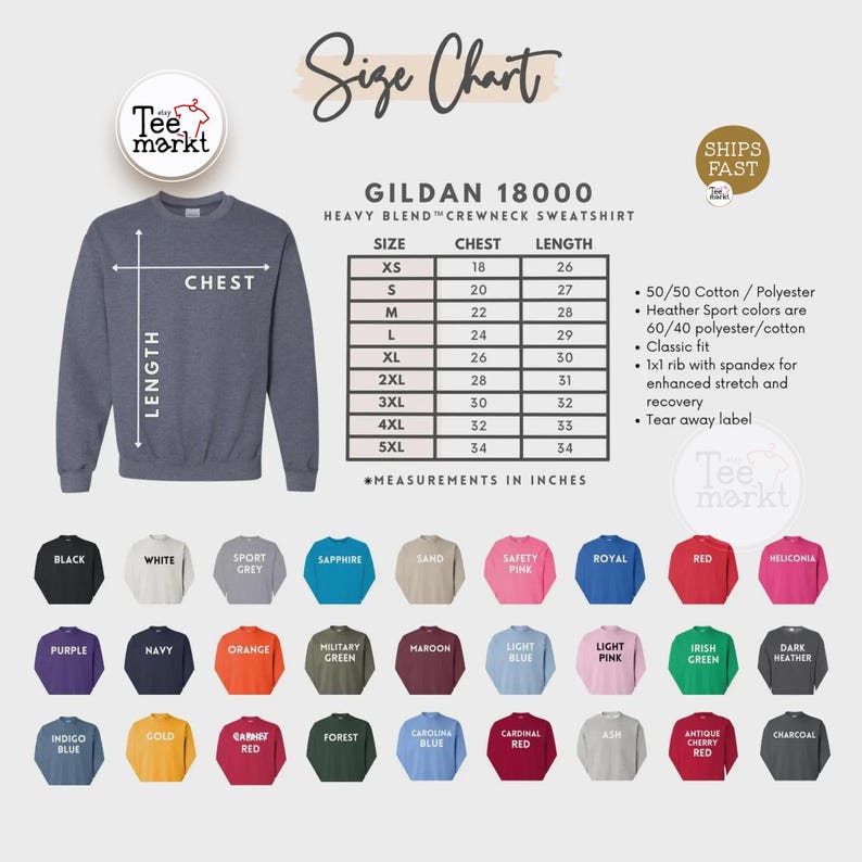 May include: A Gildan 18000 heavy blend crewneck sweatshirt size chart featuring a grey sweatshirt graphic, a table listing sizes XS to 5XL with chest and length measurements in inches, and a colour palette displaying 32 available sweatshirt colours.