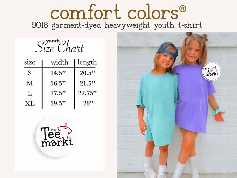 May include: Two young people wearing oversized t-shirts, one light blue and one purple. The image includes a size chart with measurements in inches for youth t-shirts. The brand name "comfort colors" is visible.