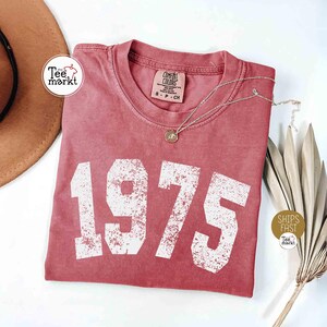 May include: A dusty rose-colored t-shirt with the year "1975" printed in large, distressed white letters. A silver necklace with a pendant rests on the shirt. The shirt has a crew neck and a tag that says "Comfort Colors".