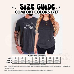 May include: Size guide for Comfort Colors 1717 t-shirts. The image shows a size chart with measurements in inches for adult unisex sizing, from S to 4X. The chart includes width and length measurements. The text "Tee markt" is visible.