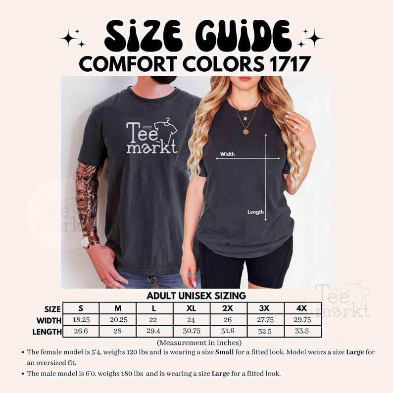 May include: Size guide for Comfort Colors 1717 t-shirts. The image shows a size chart with measurements in inches for adult unisex sizing, from S to 4X. The chart includes width and length measurements. The text "Tee markt" is visible.