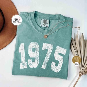 May include: A seafoam green t-shirt with the number "1975" printed in white. The shirt has a crew neck and short sleeves. A silver necklace with a small pendant rests on the shirt. A brown hat and dried plant are in the background.