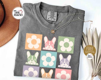 Floral Frenchie Shirt, Comfort Colors® Frenchie Mama Shirt, Boho Groovy French Bulldog T-shirt, French Dog Mom Tee, Retro Frenchie Gift