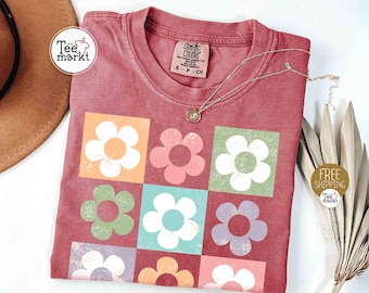 Retro Checkered Floral Shirt, Comfort Colors Tee, Pastel Colors Flowers T-shirt, Gift for Women, Retro Flowers Tee