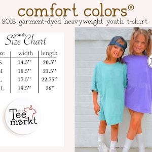 May include: Two young people wearing oversized t-shirts, one light blue and one purple. The image includes a size chart with measurements in inches for youth t-shirts. The brand name "comfort colors" is visible.