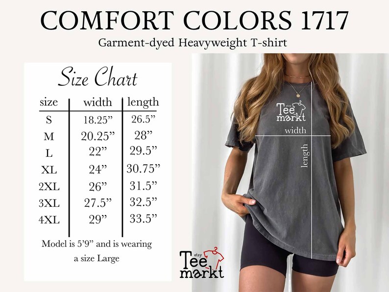 May include: Size chart for a garment-dyed heavyweight t-shirt in sizes S through 4XL. The chart shows the width and length measurements in inches for each size. The model is wearing a size Large.