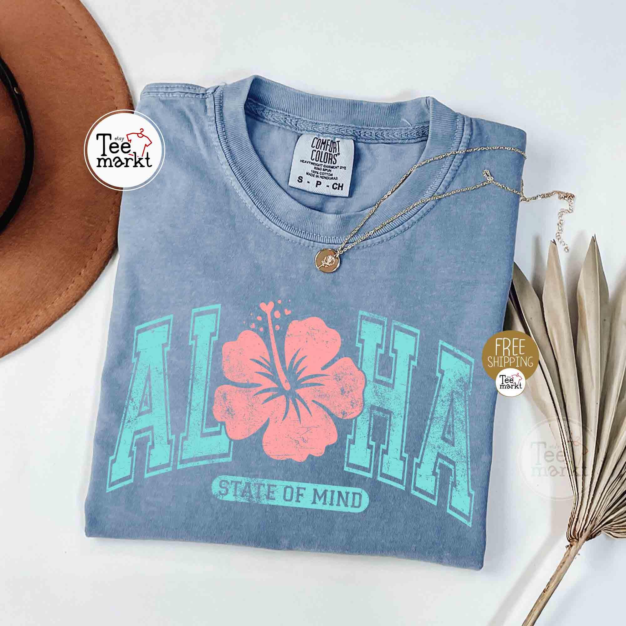 vintage Aloha T-shirt, Summer Comfort Colors® shirts, State of Mind, Varsity Hawaii Shirt, Hibiscus Flower tee, Aloha Vacation apparel gift