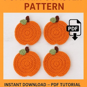 May include: Image of a crochet pumpkin coaster pattern. The image shows four orange crochet pumpkin coasters with green and brown accents. The text reads "DIY CROCHET PUMPKIN COASTER PATTERN" and "INSTANT DOWNLOAD - PDF TUTORIAL".