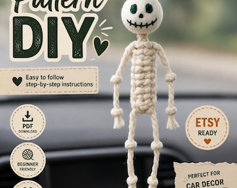 Skeleton Pattern PDF, Halloween Macrame Tutorial, Beginner Frendly, Spooky Ornament, QR Video