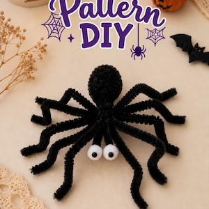 May include: A black spider craft made from a pom-pom body and pipe cleaner legs with two large white googly eyes. The text Pattern DIY is displayed above the spider in purple script font, accompanied by small spider web and spider icons.
