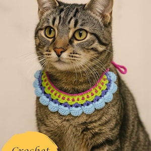 Collar de gato de crochet, patrón PDF de encaje para mascotas • Accesorio ajustable para gatos y perros pequeños (descarga digital) Enlace de video QR