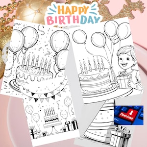 Birthday Coloring Pages Printable | 8.5x11” Happy Birthday Digital Download | Balloon Gift Coloring Pages | PDF & PNG | Instant Gift